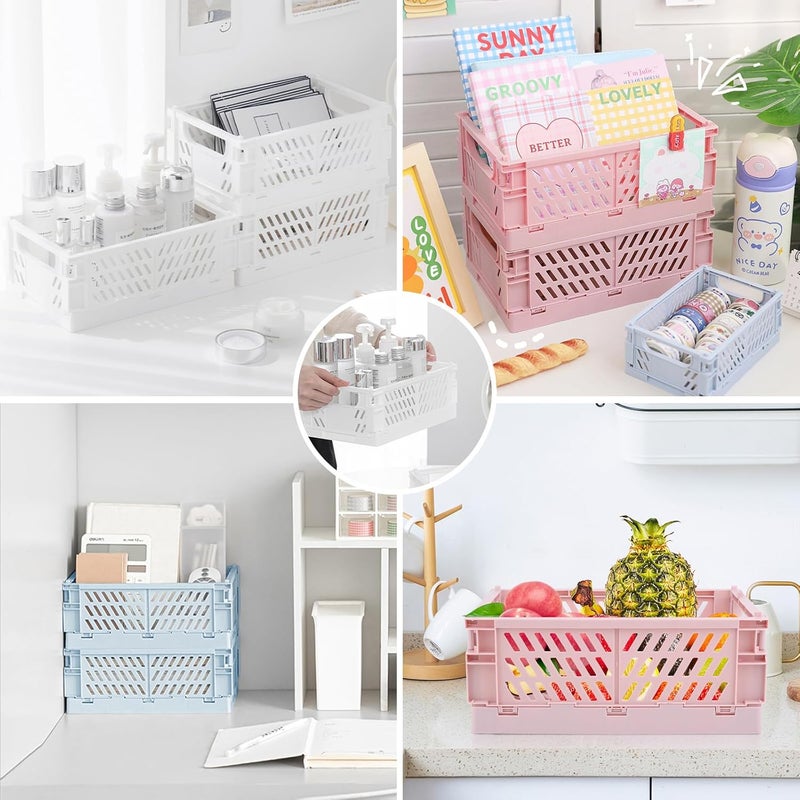 Weraher Plastic Storage Baskets for Desk Organizing, Office Drawer Organizer, 2 Medium+2 Small Durable Folding Storage Crate for Home Kitchen Classroom Office Bedroom and Bathroom Storage (Blue) - Image 5